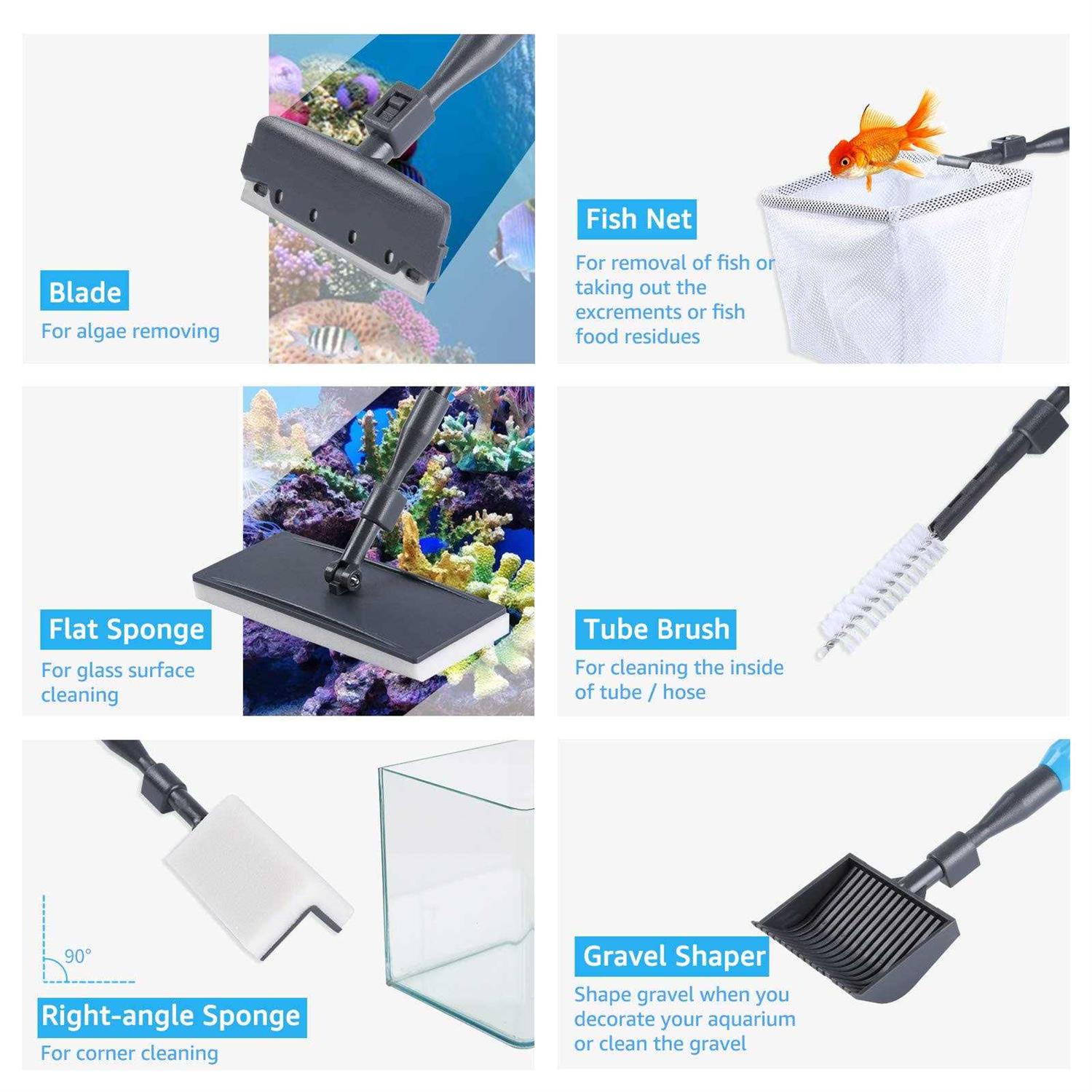 AquaMiracle 6 in 1 Aquarium Cleaning Tool Kit Fish Tank Cleaning Kit for 20-160 Gallon Tank with Telescopic Long Handle - Image 3