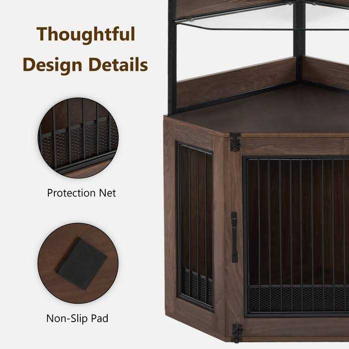MCombo Corner Dog Crate Furniture with Glass Shelves Wooden Dog Kennel Furniture with Door - Image 5