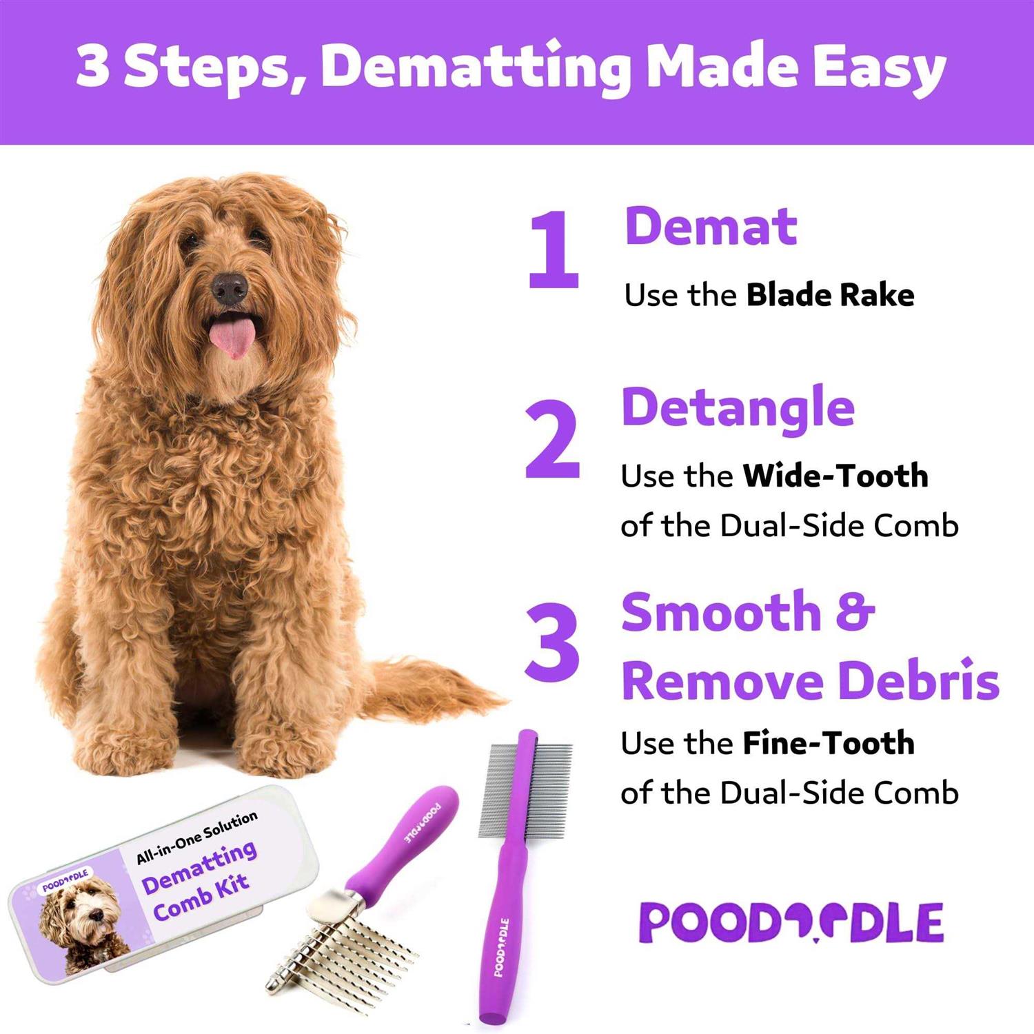 Poodoodle Pain-Free Dematting Comb Kit for Dogs & Cats Dematting Rake & Detangling Dual-Side Comb Set - Image 4
