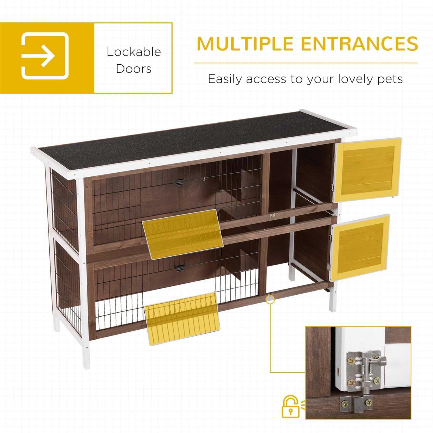 PawHut 54 2-Story Large Rabbit Hutch Bunny Cage Wooden Pet House Small Animal Habitat with Lockable Doors, No Leak Tray and Waterproof Roof - Image 4