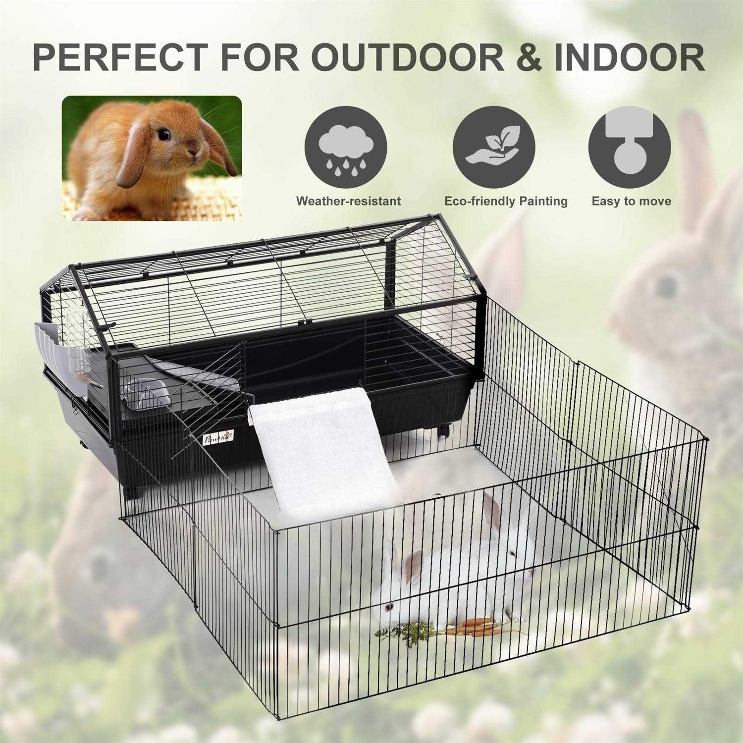 PawHut Rolling Metal Rabbit Guinea Pig or Small Animal Hutch Cage with Main House and Run - Image 3