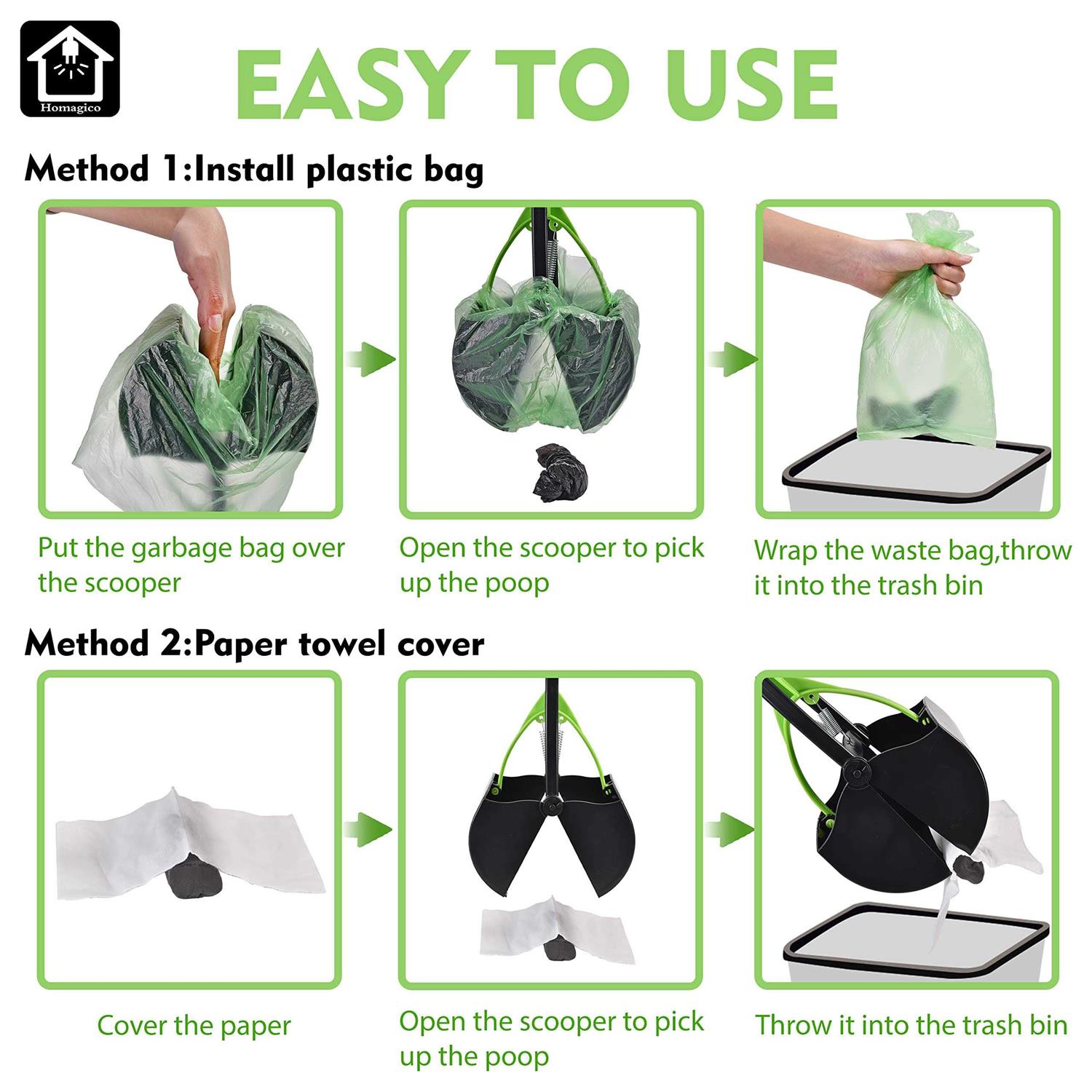 HOMAGICO Pooper Scooper Portable Dog Pooper Scooper with Long Handle Foldable Pooper Scooper for Large Medium Dogs with Bag Attachment - Image 3