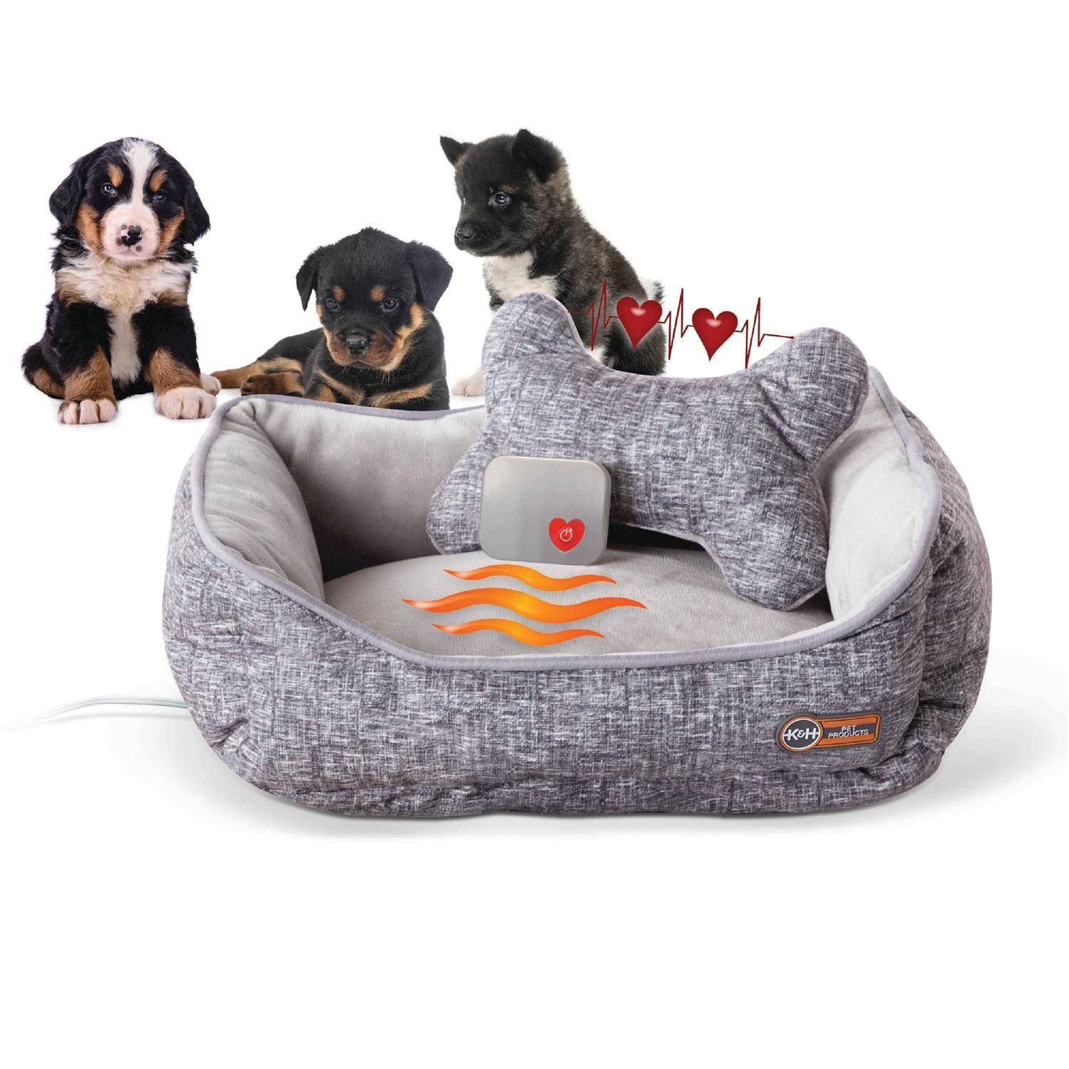 K&H Mother's Heartbeat Heated Puppy Pet Bed with Bone Pillow