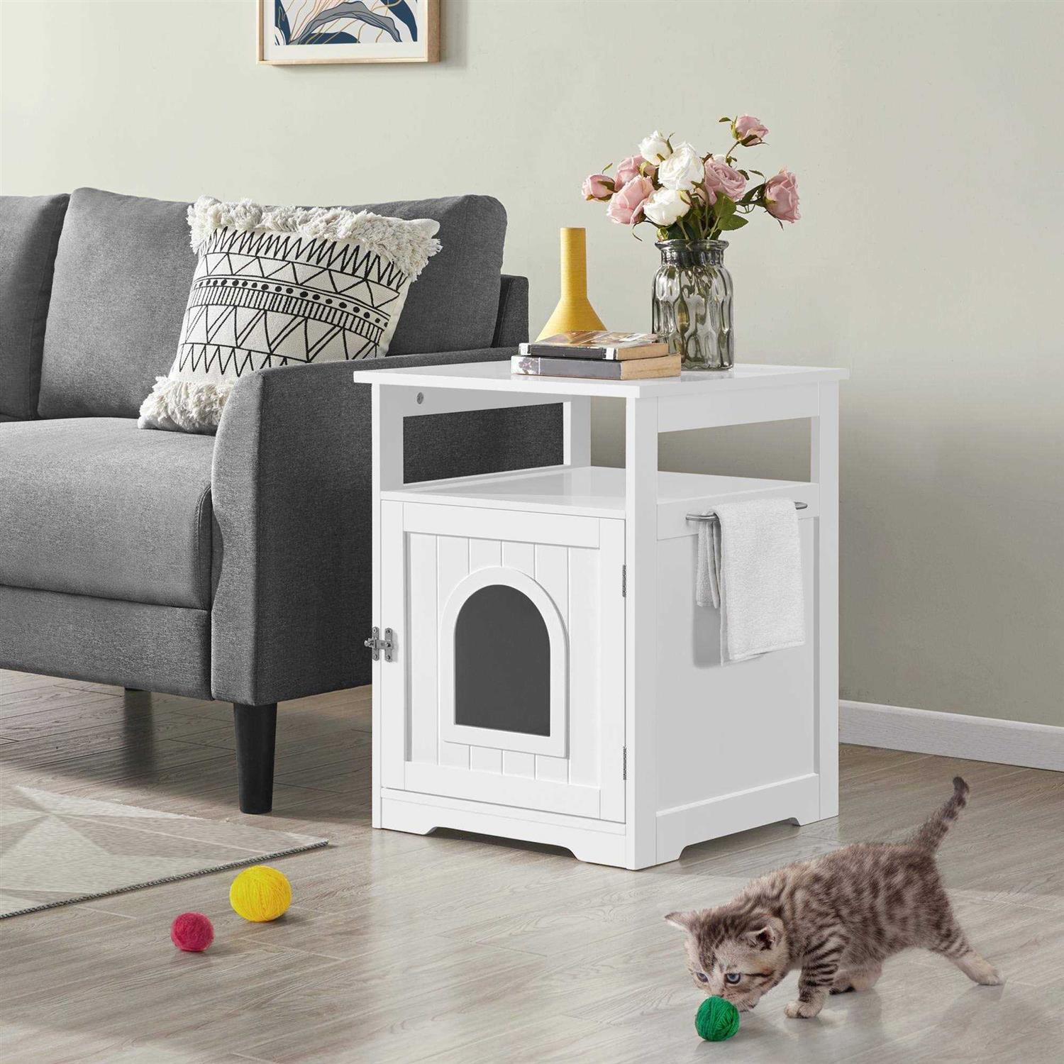 Topeakmart White Wooden Cat Litter Box with Open Shelf - Image 3